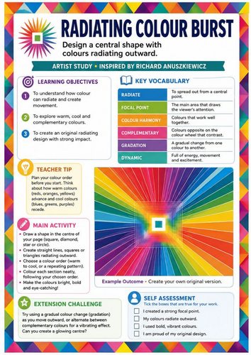 Richard Anuszkiewicz Radiating Colour Burst | Op Art Colour Theory & Radial Design Worksheet | KS3 K