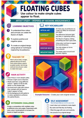 Richard Anuszkiewicz Floating Cubes | 3D Optical Illusion, Colour & Shading Art Worksheet | KS3 KS4