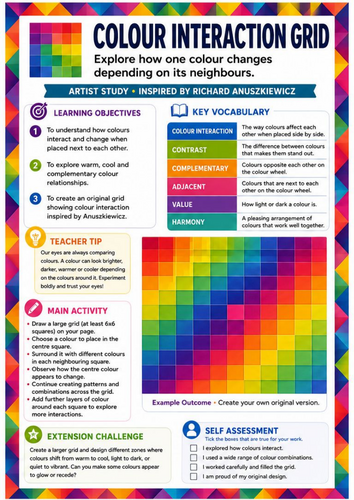 Richard Anuszkiewicz Colour Interaction Grid | Colour Theory, Contrast & Geometric Art Worksheet | K