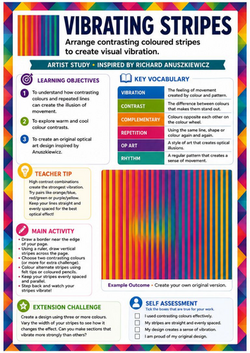 Richard Anuszkiewicz Vibrating Stripes | Op Art Colour Contrast & Optical Movement Worksheet | KS3 K