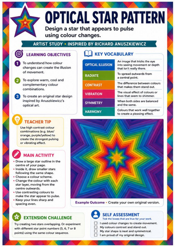 Richard Anuszkiewicz Optical Star Pattern | Op Art Symmetry, Colour & Geometric Design Worksheet | K
