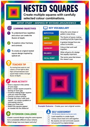 Richard Anuszkiewicz Nested Squares | Op Art Colour Theory, Repetition & Geometric Drawing Worksheet