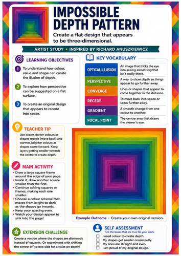Richard Anuszkiewicz Impossible Depth Pattern | Op Art Perspective & 3D Optical Illusion Worksheet |