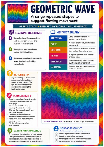 Richard Anuszkiewicz Geometric Wave | Op Art Pattern, Colour Theory & Optical Movement Worksheet | K