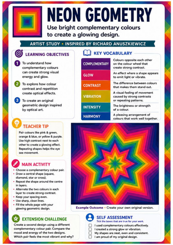 Richard Anuszkiewicz Neon Geometry | Op Art Complementary Colours, Contrast & Glow Effect Worksheet