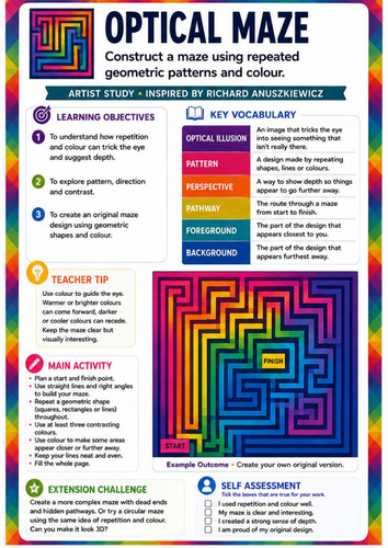 Richard Anuszkiewicz Optical Maze | Geometric Op Art, Colour, Pattern & Optical Illusion Worksheet |