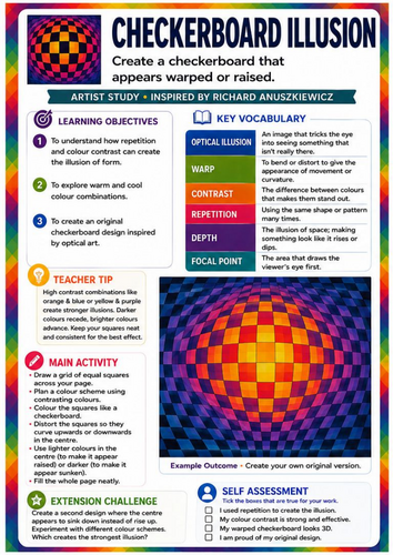 Richard Anuszkiewicz Checkerboard Illusion | Op Art Pattern, Colour Contrast & 3D Drawing Worksheet