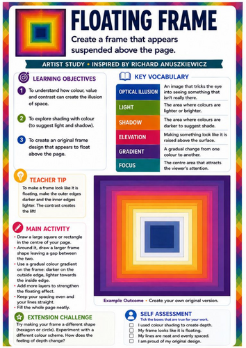 Richard Anuszkiewicz Floating Frame | Op Art Colour Gradients, Light, Shadow & 3D Illusion Worksheet