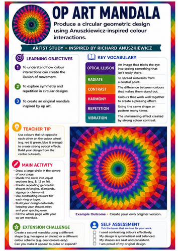 Richard Anuszkiewicz Op Art Mandala | Geometric Symmetry, Colour Theory & Optical Illusion Worksheet