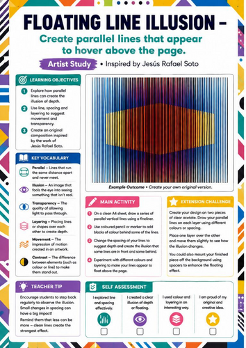 Jesús Rafael Soto Artist Study | Floating Line Illusion Drawing Worksheet | KS3 KS4 Optical Art