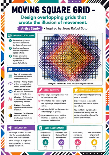 Jesús Rafael Soto Artist Study | Moving Square Grid Optical Illusion Worksheet | KS3 KS4 Art