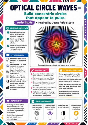 Jesús Rafael Soto Artist Study | Optical Circle Waves Drawing Worksheet | KS3 KS4 Op Art