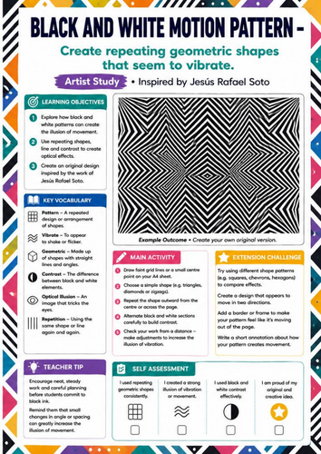 Jesús Rafael Soto Artist Study | Black and White Motion Pattern Worksheet | KS3 KS4 Optical Art