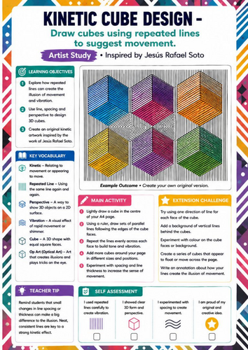 Jesús Rafael Soto Artist Study | Kinetic Cube Design Drawing Worksheet | KS3 KS4 Op Art