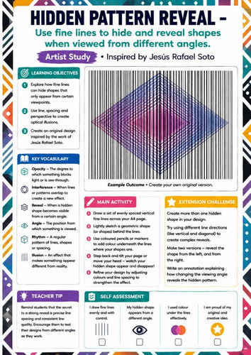 Jesús Rafael Soto Artist Study | Hidden Pattern Reveal Optical Illusion Worksheet | KS3 KS4 Art