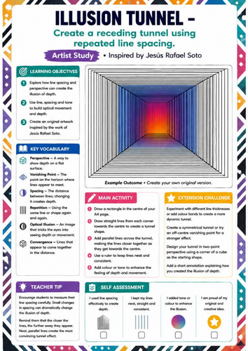 Jesús Rafael Soto Artist Study | Illusion Tunnel Perspective Drawing Worksheet | KS3 KS4 Op Art