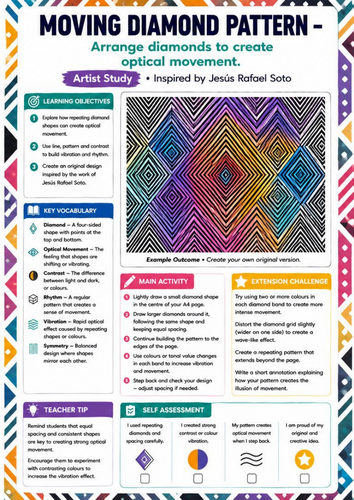 Jesús Rafael Soto Artist Study | Moving Diamond Pattern Optical Art Worksheet | KS3 KS4 Art