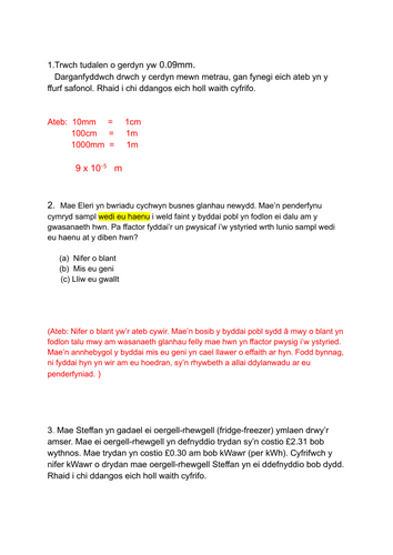 TAFLEN CWESTIWN AC ATEB: Mathemateg TGAU Uned 1