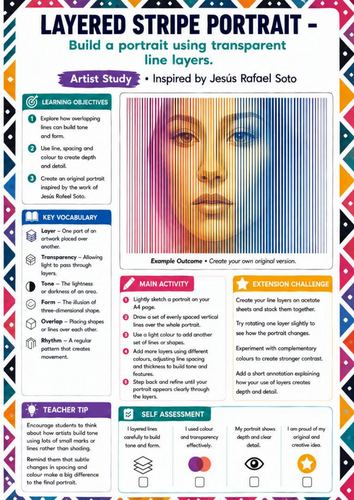 Jesús Rafael Soto Artist Study | Layered Stripe Portrait Drawing Worksheet | KS3 KS4 Optical Art