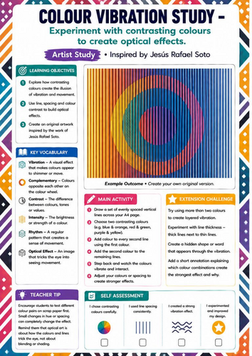 Jesús Rafael Soto Artist Study | Colour Vibration Optical Art Worksheet | KS3 KS4 Colour Theory