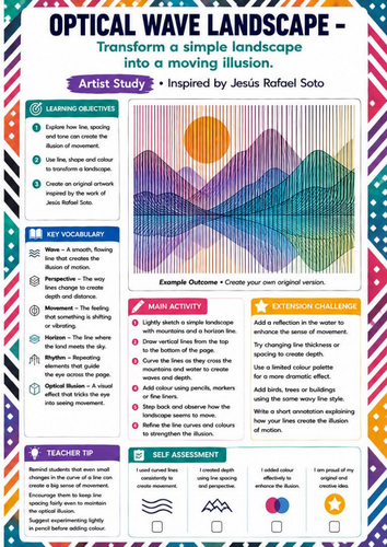 Jesús Rafael Soto Artist Study | Optical Wave Landscape Drawing Worksheet | KS3 KS4 Op Art