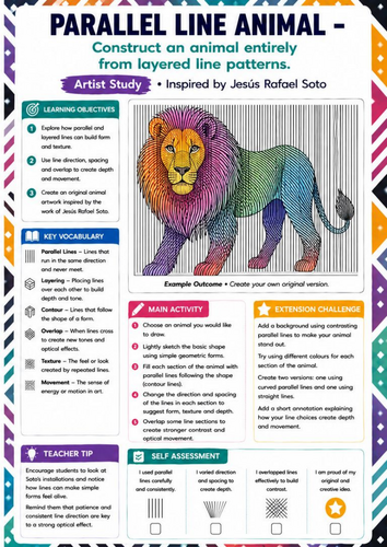 Jesús Rafael Soto Artist Study | Parallel Line Animal Drawing Worksheet | KS3 KS4 Optical Art
