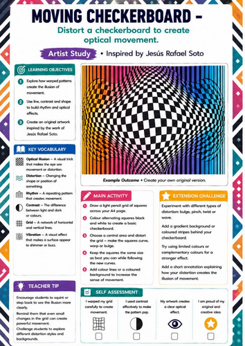 Jesús Rafael Soto Artist Study | Moving Checkerboard Optical Illusion Worksheet | KS3 KS4 Op Art