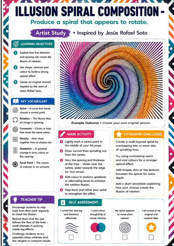 Jesús Rafael Soto Artist Study | Illusion Spiral Composition Drawing Worksheet | KS3 KS4 Op Art