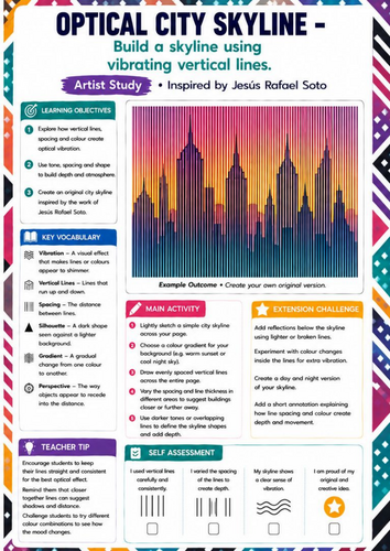 Jesús Rafael Soto Artist Study | Optical City Skyline Drawing Worksheet | KS3 KS4 Op Art