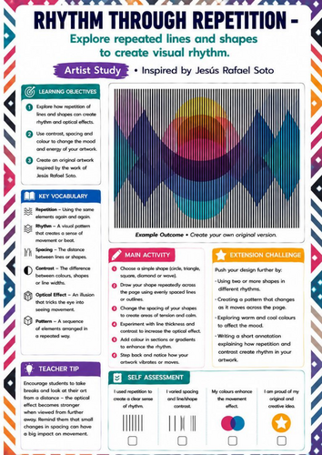 Jesús Rafael Soto Artist Study | Rhythm Through Repetition Drawing Worksheet | KS3 KS4 Optical Art