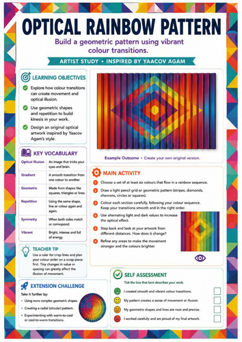 Yaacov Agam Inspired Optical Rainbow Pattern Worksheet | Geometric Op Art & Colour | KS3 Art