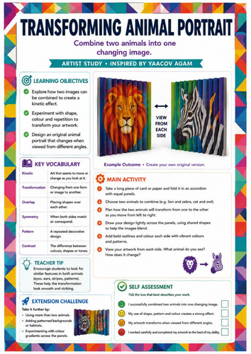 Yaacov Agam Inspired Transforming Animal Portrait Worksheet | Kinetic Art & Optical Illusion | KS3