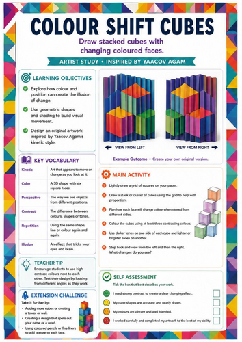 Yaacov Agam Inspired Colour Shift Cubes Worksheet | 3D Geometric Optical Illusion | KS3 Art