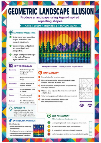 Yaacov Agam Inspired Geometric Landscape Illusion Worksheet | Op Art & Perspective | KS3