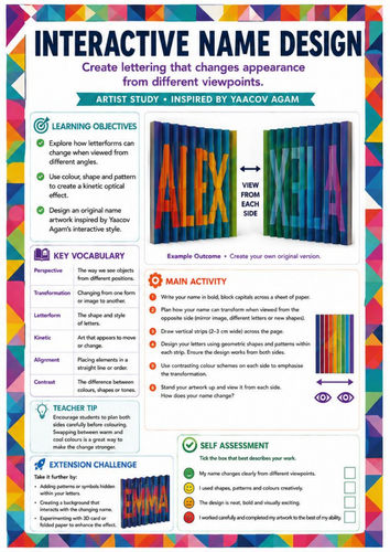 Yaacov Agam Inspired Interactive Name Design Worksheet | Typography & Kinetic Art | KS3 Art