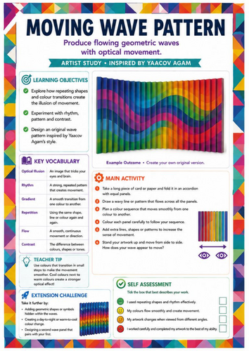 Yaacov Agam Inspired Moving Wave Pattern Worksheet | Optical Illusion & Colour Gradients | KS3