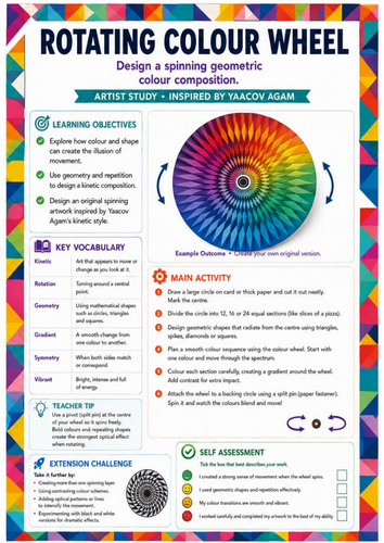 Yaacov Agam Inspired Rotating Colour Wheel Worksheet | Kinetic Art & Colour Theory | KS3 Art
