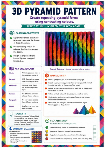 Yaacov Agam Inspired 3D Pyramid Pattern Worksheet | Geometric Op Art & Colour | KS3 Art