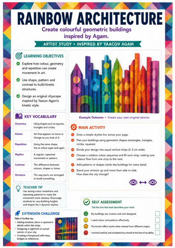 Yaacov Agam Inspired Rainbow Architecture Worksheet | Geometric Buildings & Kinetic Art | KS3