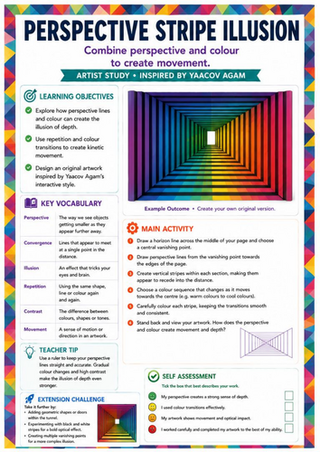 Yaacov Agam Inspired Perspective Stripe Illusion Worksheet | Optical Depth & Kinetic Art | KS3