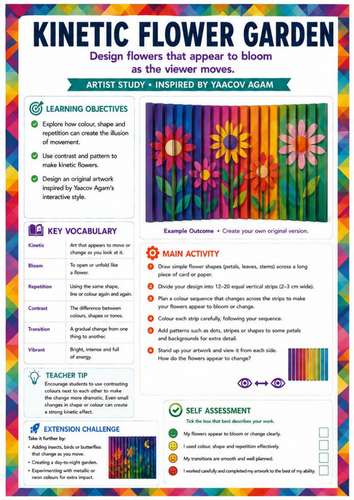 Yaacov Agam Inspired Kinetic Flower Garden Worksheet | Floral Op Art & Colour | KS3 Art