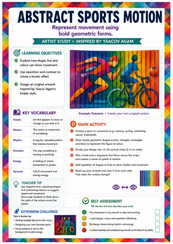Yaacov Agam Inspired Abstract Sports Motion Worksheet | Movement & Geometric Kinetic Art | KS3