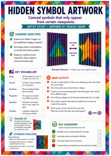Yaacov Agam Inspired Hidden Symbol Artwork Worksheet | Optical Illusions & Kinetic Art | KS3