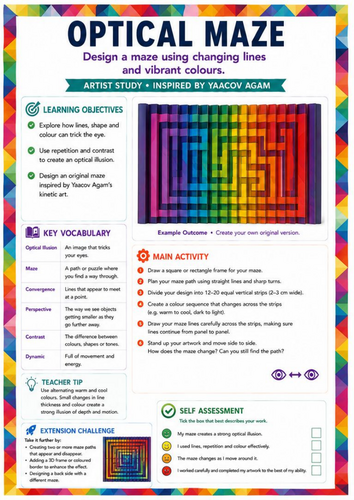 Yaacov Agam Inspired Optical Maze Worksheet | Geometric Illusions, Perspective & Colour | KS3