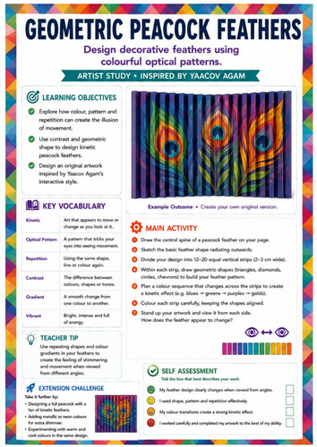 Yaacov Agam Inspired Geometric Peacock Feathers Worksheet | Colour, Pattern & Kinetic Art | KS3