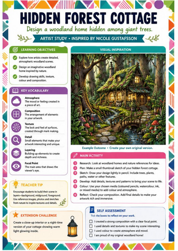 Hidden Forest Cottage Art Worksheet | Nicole Gustafsson Inspired Woodland Drawing | KS3 Art