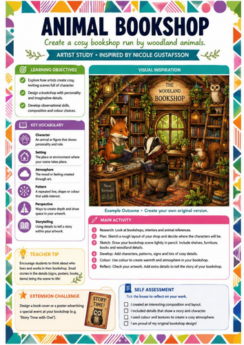 Animal Bookshop Art Worksheet | Nicole Gustafsson Inspired Fantasy Illustration | KS3 Art