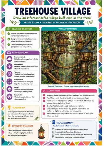 Treehouse Village Art Worksheet | Nicole Gustafsson Inspired Fantasy Architecture | KS3 Art