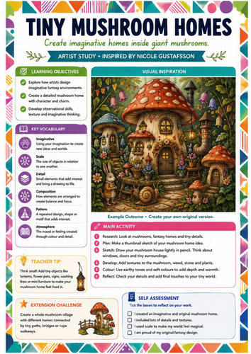 Tiny Mushroom Homes Art Worksheet | Nicole Gustafsson Inspired Fantasy Drawing | KS3 Art