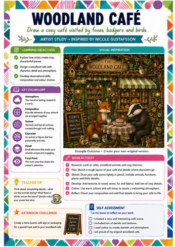 Woodland Café Art Worksheet | Nicole Gustafsson Inspired Animal Illustration | KS3 Art